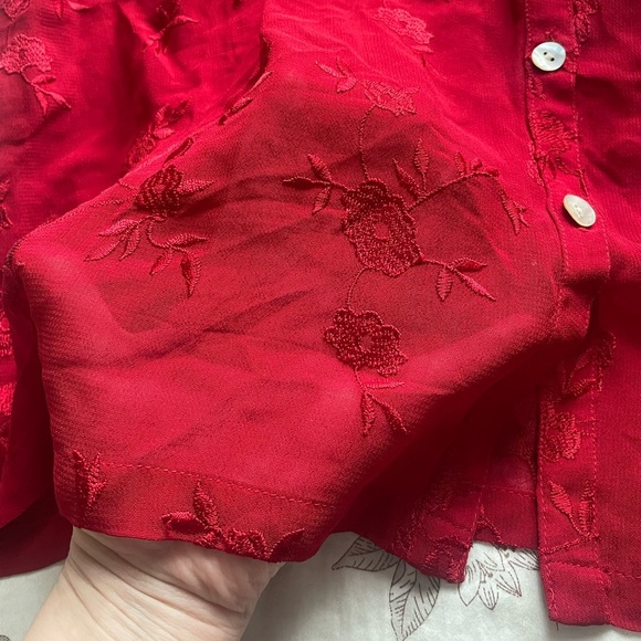 Vintage Red Floral Embroidered Sheer Button Down Shirt 90s Goth Vamp Fairy Boho - Picture 3 of 8